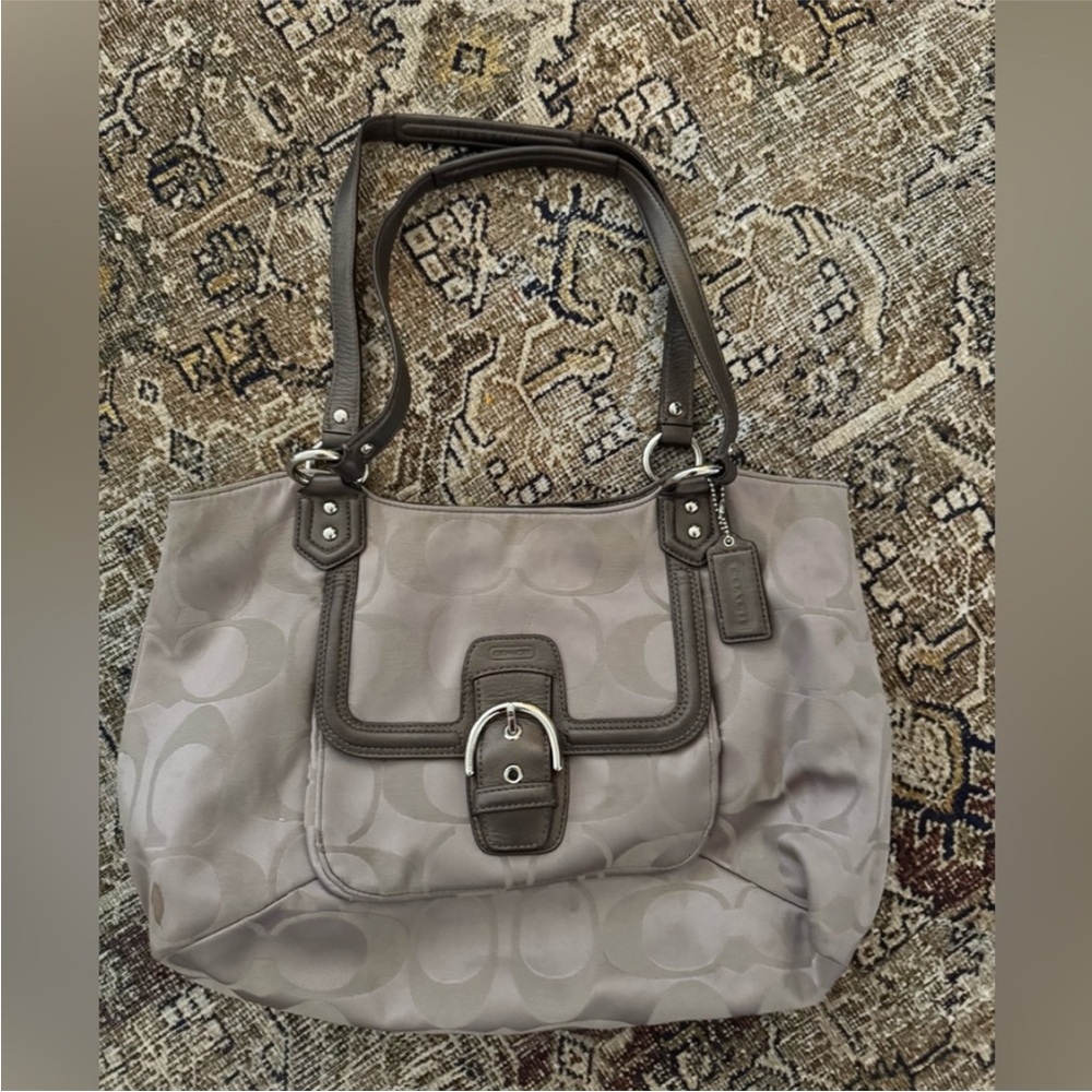Vintage Coach Gray Shoulder Bag with Suede Finish and Metal Hardware